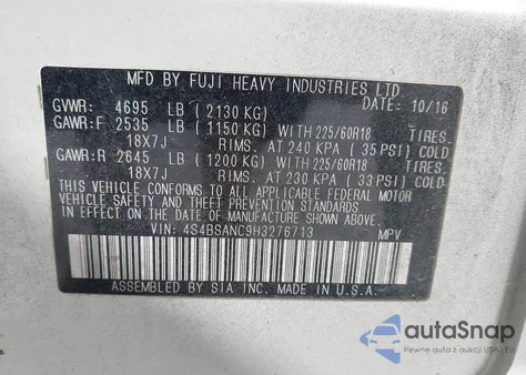 2017 Subaru Outback 2.5I Limited from USA, damaged, VIN 4S4BSANC9H3276713